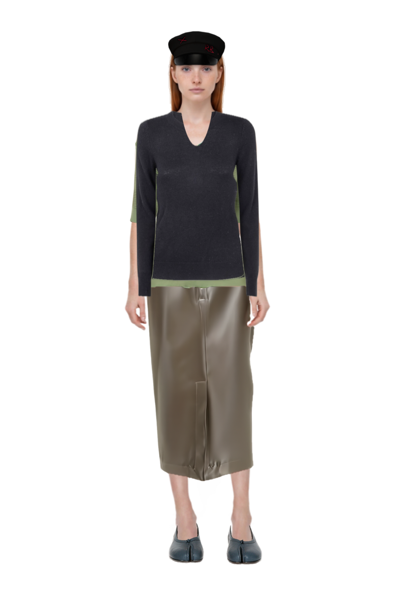 Outfit midi skirt and waffle-knit short-sleeve sweater