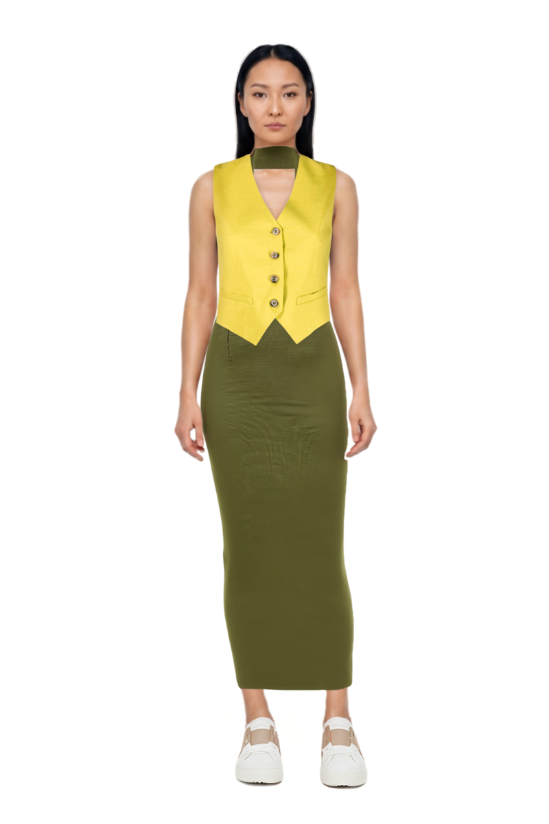 Outfit mahi dress and pinko waistcoat