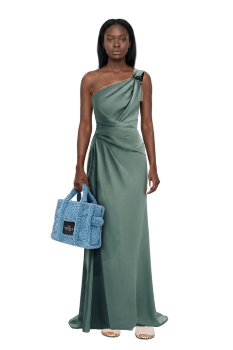 Outfit x jacquemus moon shoe sneakers and one-shoulder satin maxi dress