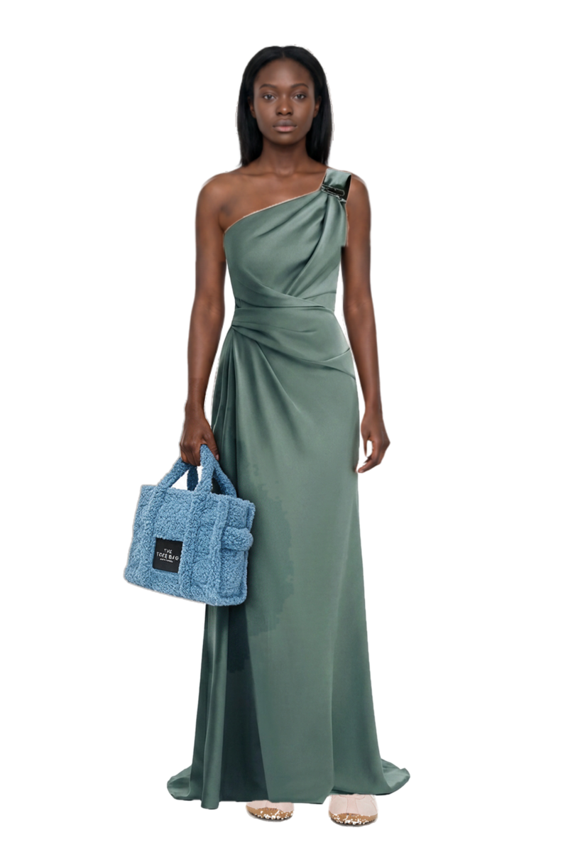 Outfit x jacquemus moon shoe sneakers and one-shoulder satin maxi dress