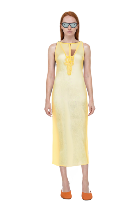 Outfit geometric-frame sunglasses and signature crochet beach dress
