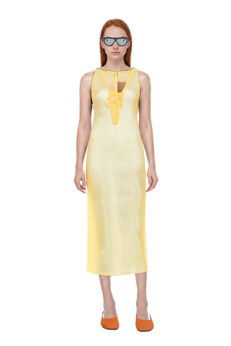Outfit geometric-frame sunglasses and signature crochet beach dress