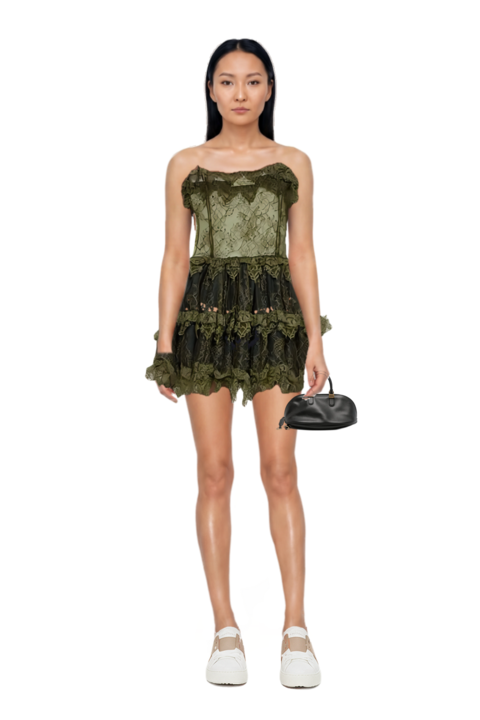 Outfit bolero bowling bag medium in black and ruffled mini dress