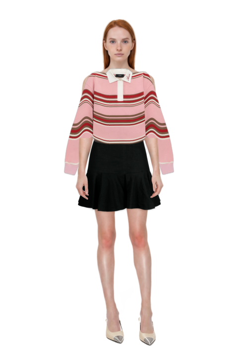 Outfit striped oversized long-sleeve polo and cassandre-plaque pumps
