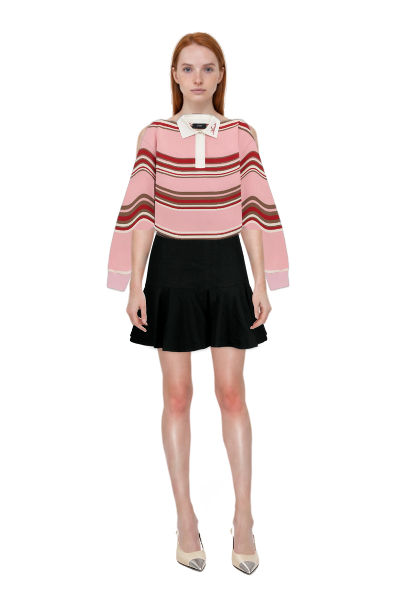 Outfit striped oversized long-sleeve polo and cassandre-plaque pumps