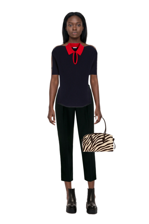 Outfit brioche duffle zebra-print shoulder bag and ribbed lightweight wool sweater