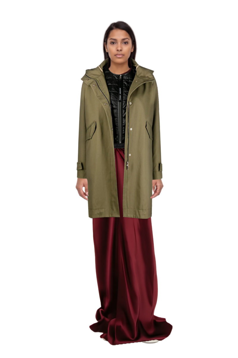Outfit gathered maxi dress and pinko parka