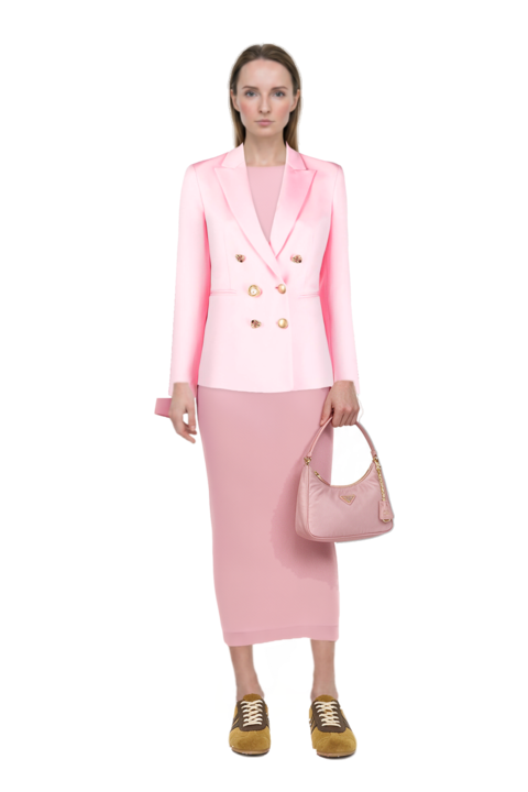 Outfit eolia cape-sleeve maxi dress and mini re-edition 2005 re-nylon and saffiano bag