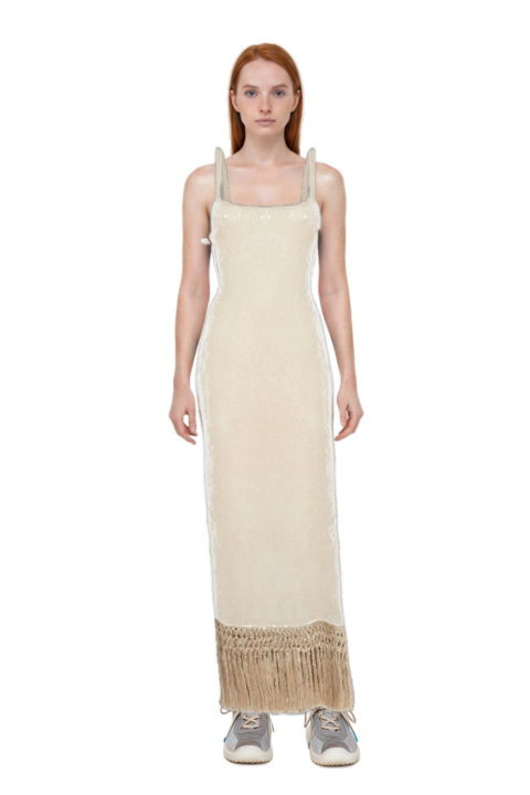 Outfit agrigento disco sequin fringed midi dress and bubble technical fabric and suede sneakers