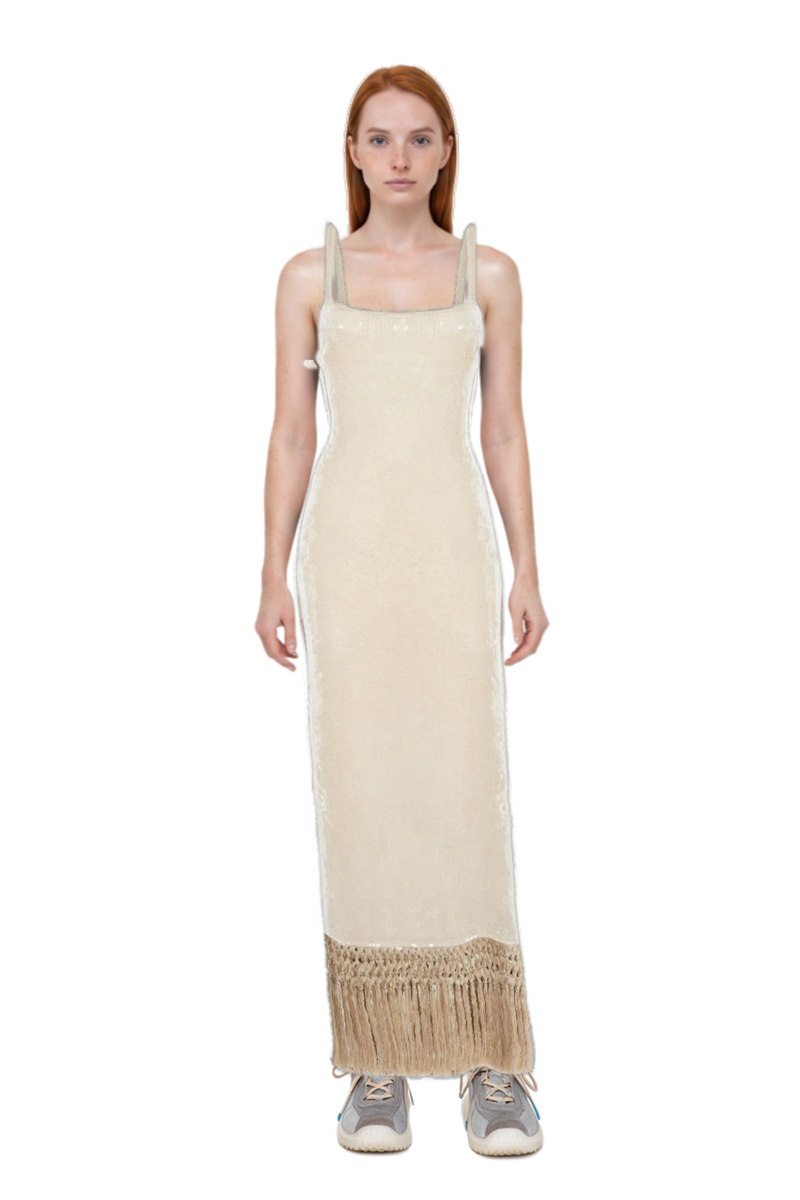 Outfit agrigento disco sequin fringed midi dress and bubble technical fabric and suede sneakers