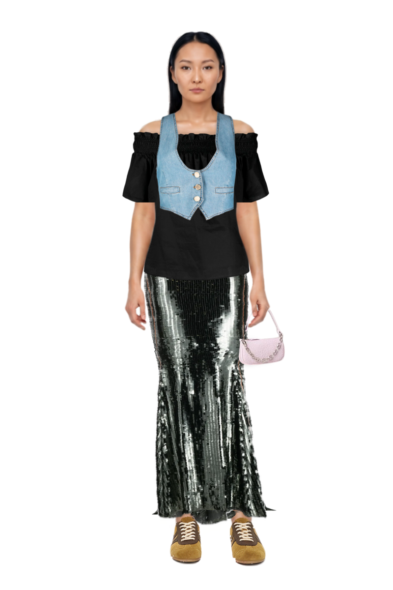 Outfit suede sneakers and sequinned maxi skirt
