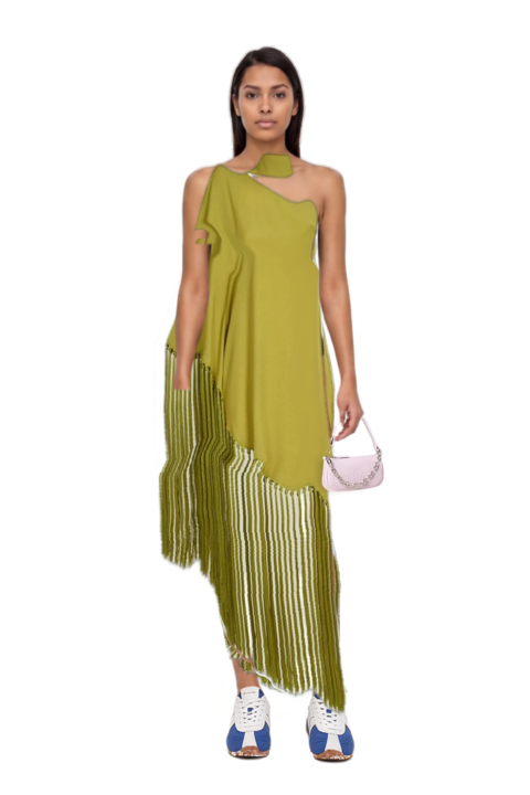 Outfit gunilla fringed one-shoulder dress and the 400 bleecker runner sneakers