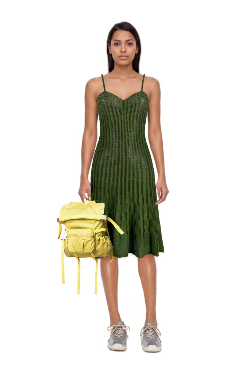Outfit bubble technical fabric and suede sneakers and pinko dress
