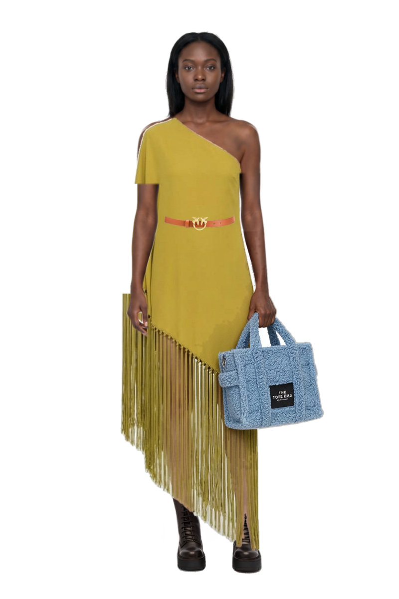 Outfit gunilla fringed one-shoulder dress and pinko trouser belt