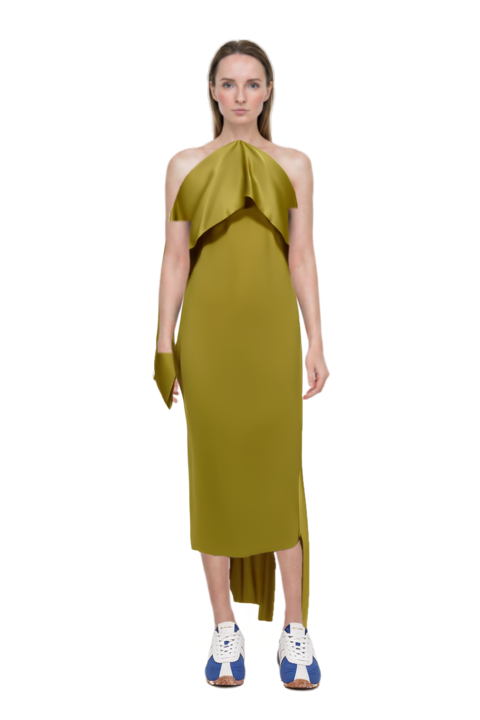 Outfit nan draped dress and the 400 bleecker runner sneakers