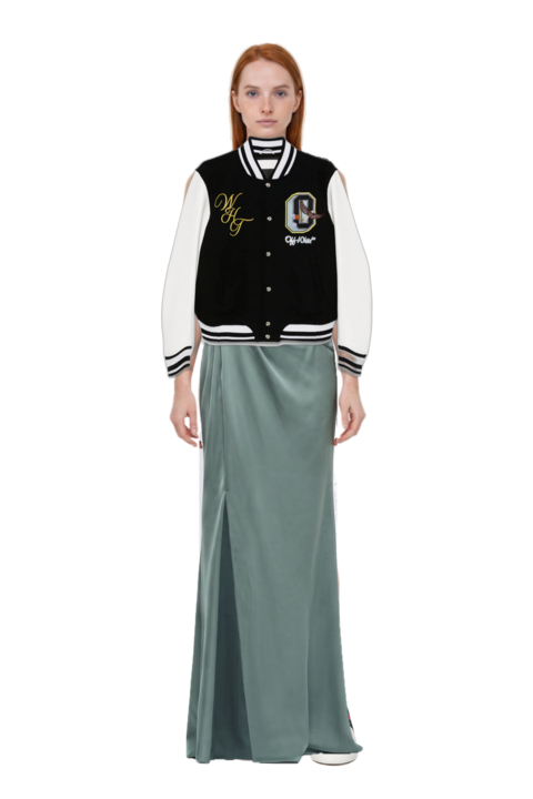 Outfit one-shoulder satin maxi dress and crystal-embellished bomber jacket
