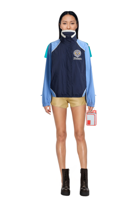 Outfit nylon shorts and drop-pendant necklace