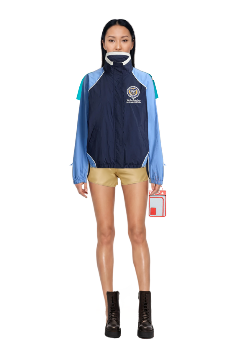 Outfit nylon shorts and drop-pendant necklace