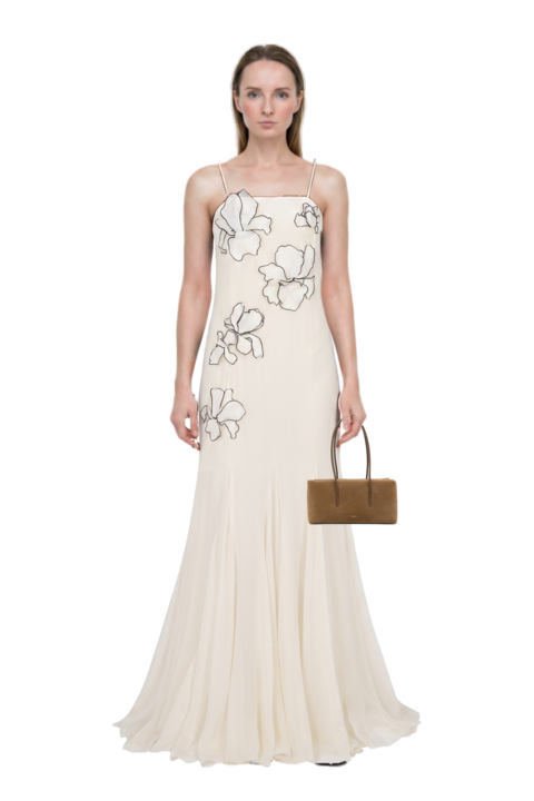 Outfit stockholm suede shoulder bag and flower-appliqués silk maxi dress