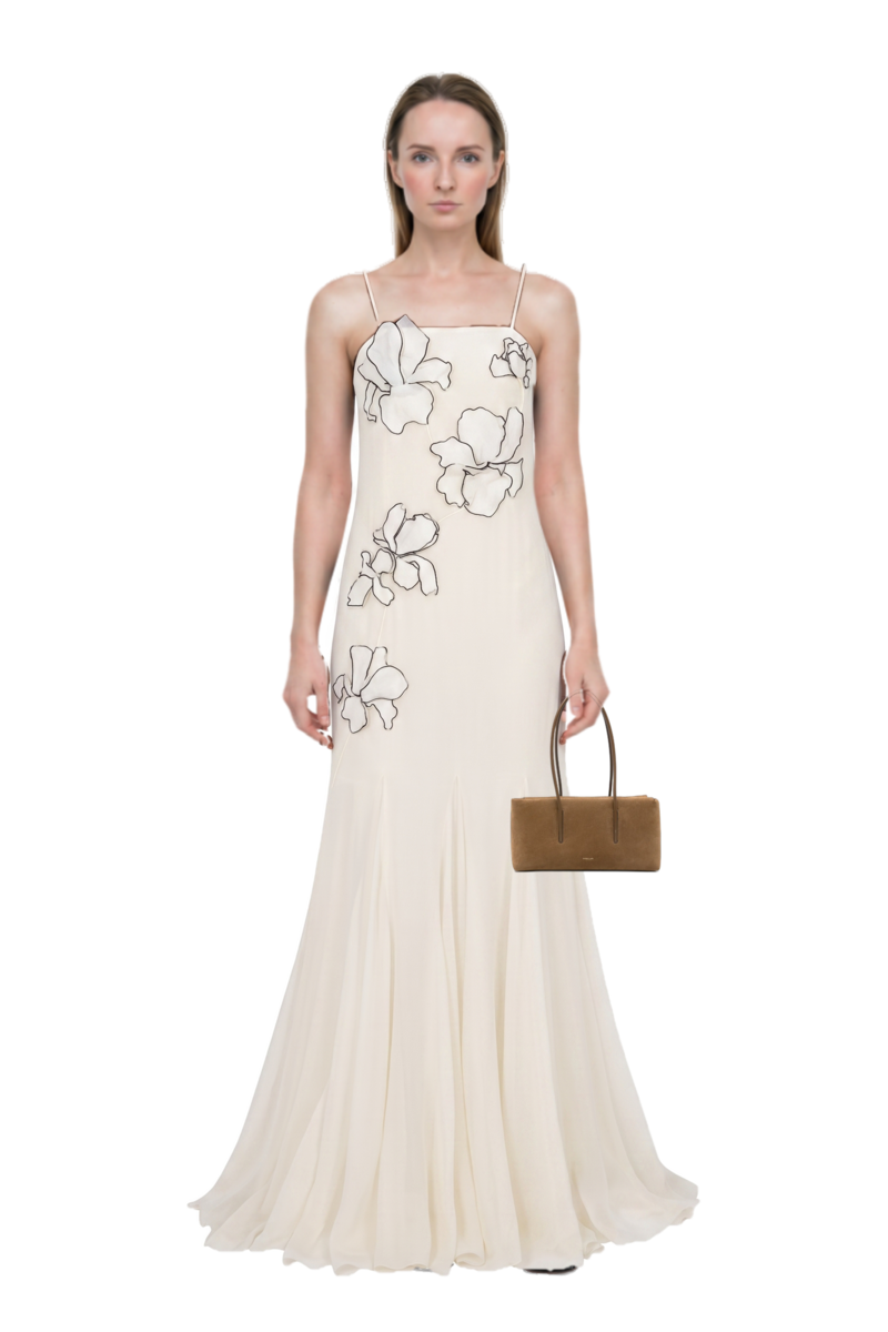 Outfit stockholm suede shoulder bag and flower-appliqués silk maxi dress