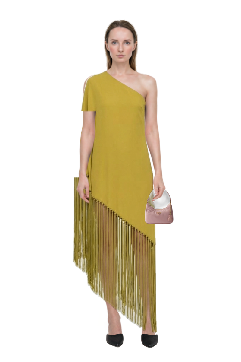 Outfit gunilla fringed one-shoulder dress and mini re-edition 2005 re-nylon and saffiano bag