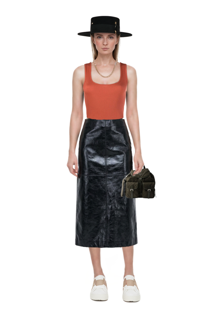 Outfit gwen leather midi skirt and medium quilted re-nylon backpack with saffiano leather trim