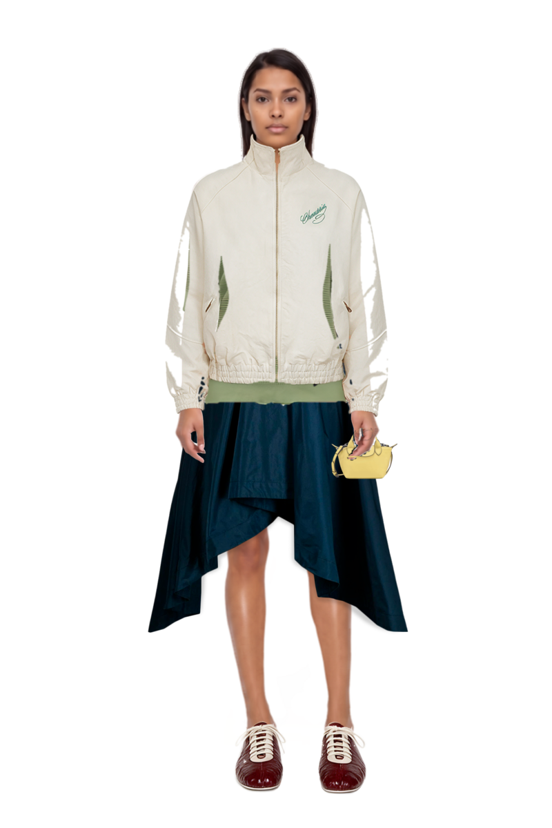 Outfit ruff rider embroidery-logo bomber jacket and waffle-knit short-sleeve sweater