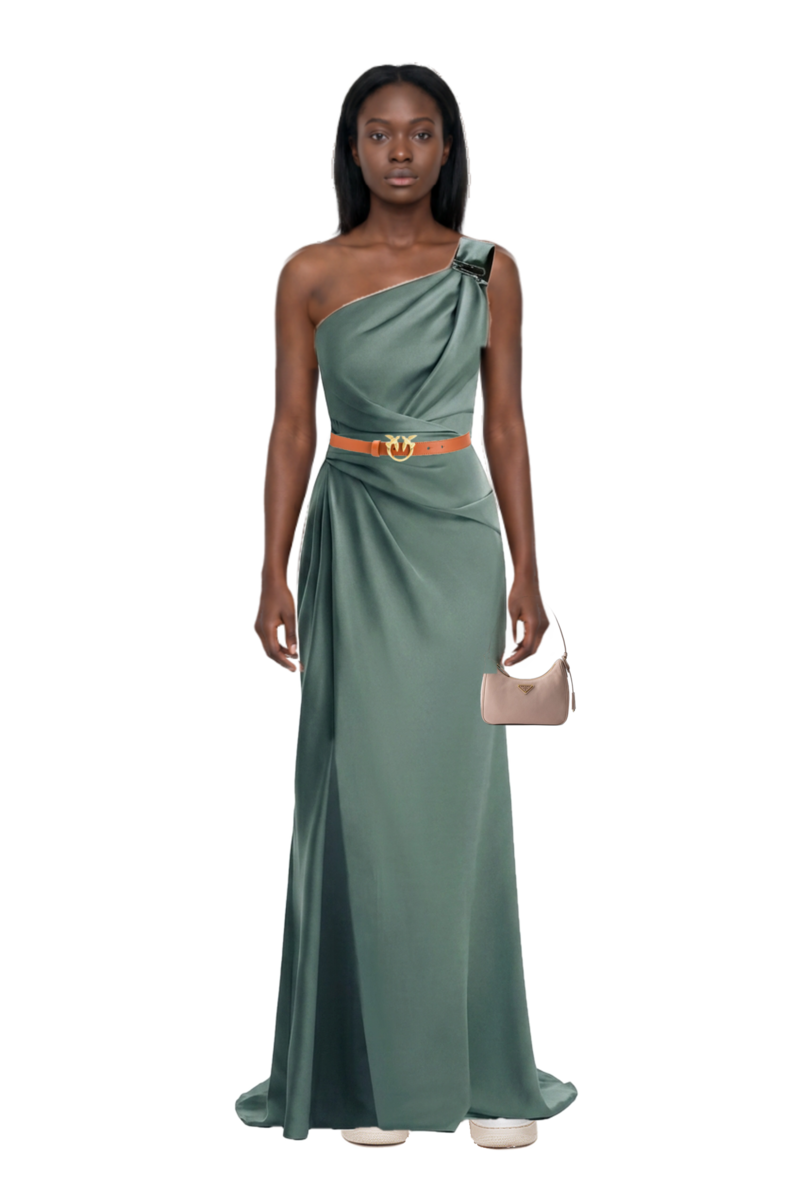 Outfit re-edition 2005 nubuck and saffiano leather mini-bag and one-shoulder satin maxi dress