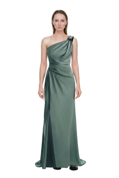 Outfit one-shoulder satin maxi dress and 23 ankle boots