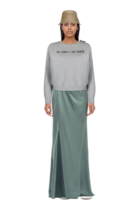 Outfit one-shoulder satin maxi dress and pinko sweatshirt