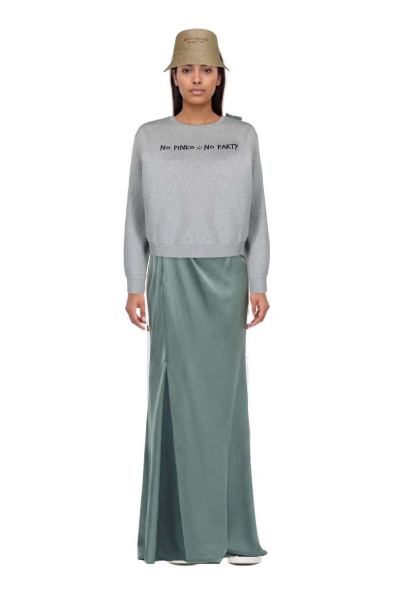 Outfit one-shoulder satin maxi dress and pinko sweatshirt
