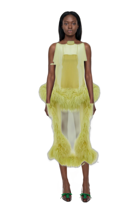 Outfit daisy kaftan feathered dress and lace-up pointed-toe pumps