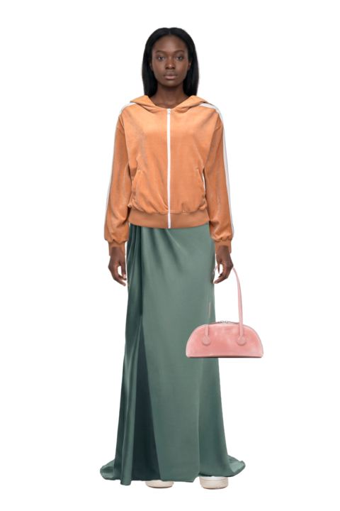 Outfit bessette leather tote bag and one-shoulder satin maxi dress