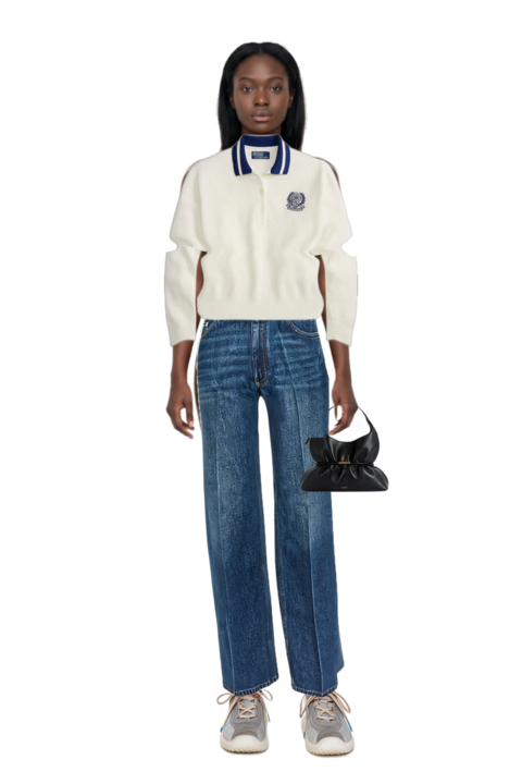 Outfit sphynx medium bag in smooth leather and wimbledon waffle-knit embroidered sweater