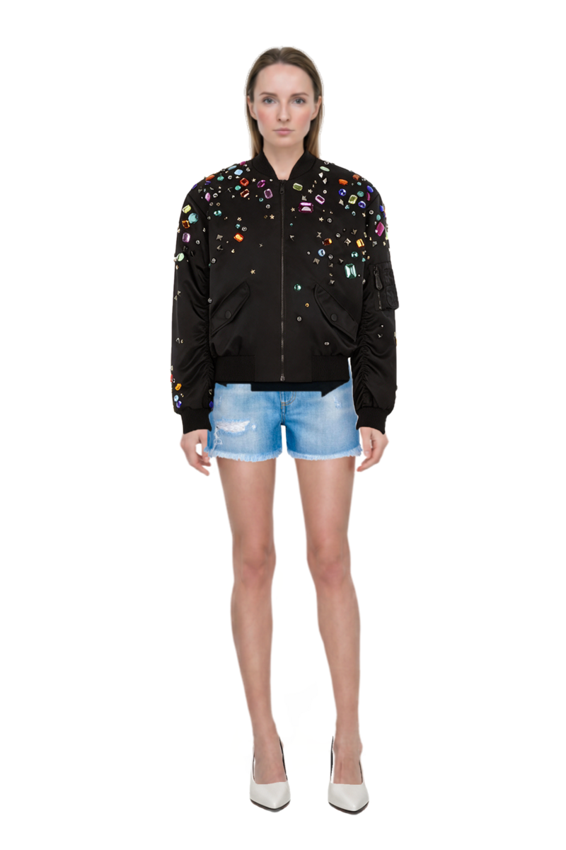 Outfit fame leather pumps and embellished bomber jacket