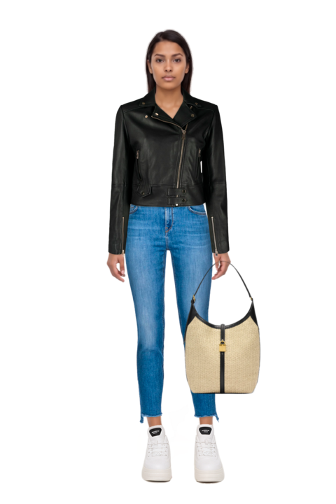Outfit pinko top and siena raffia tote bag