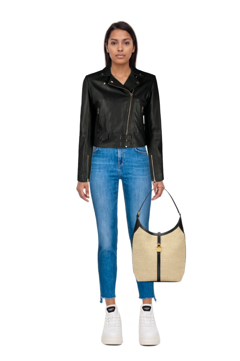Outfit pinko top and siena raffia tote bag