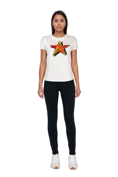 Outfit seam-detail leggings and plume mesh fabric sneakers
