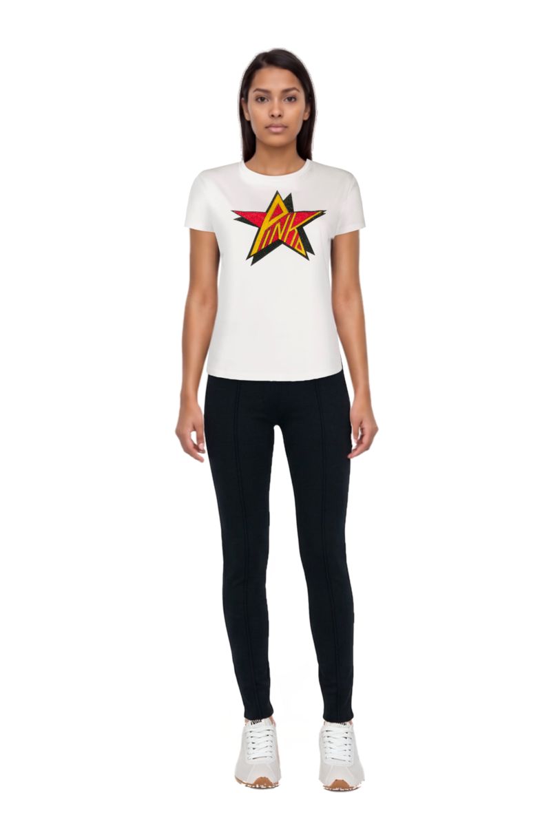 Outfit seam-detail leggings and plume mesh fabric sneakers