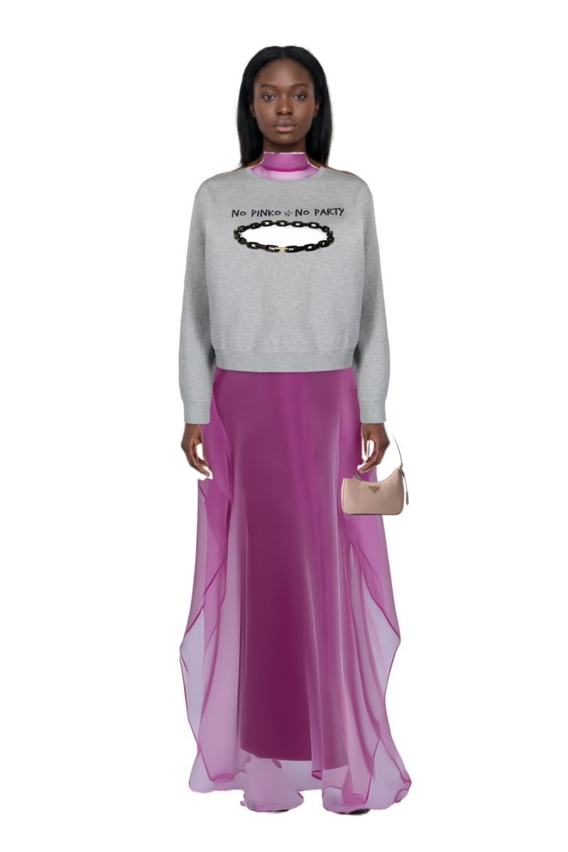 Outfit re-edition 2005 nubuck and saffiano leather mini-bag and sphinx high-neck kaftan dress