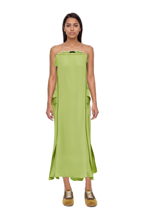 Outfit one-shoulder button-detail kaftan and suede sneakers