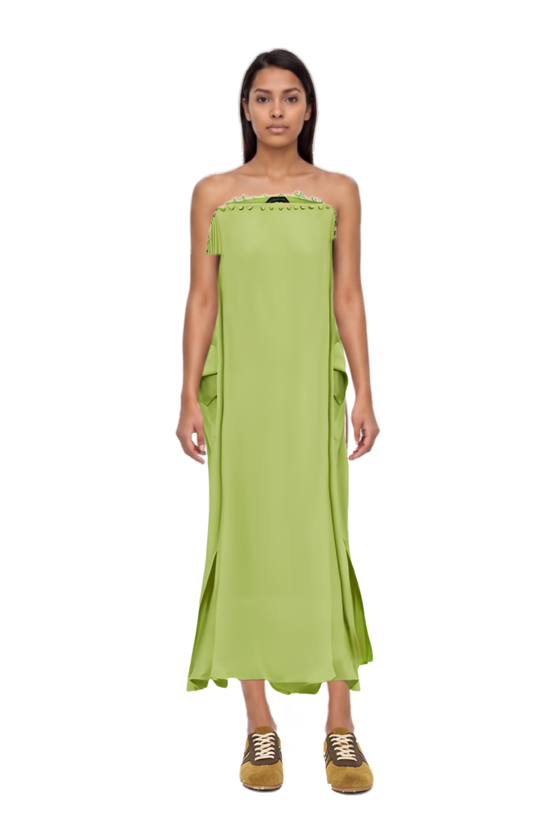 Outfit one-shoulder button-detail kaftan and suede sneakers