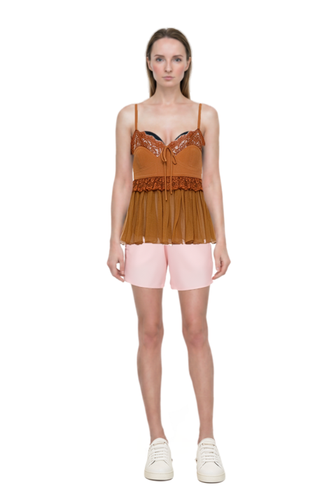 Outfit nylon shorts and lace-trim blouse