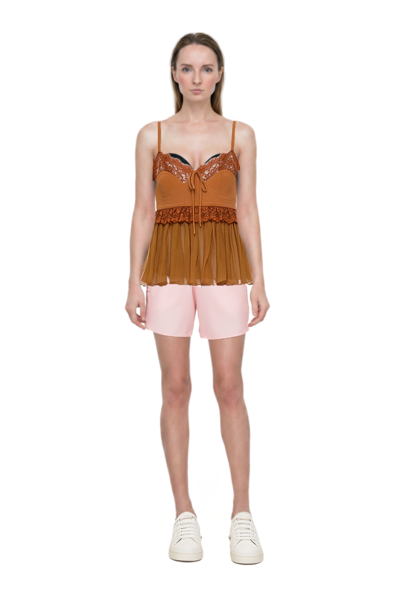 Outfit nylon shorts and lace-trim blouse