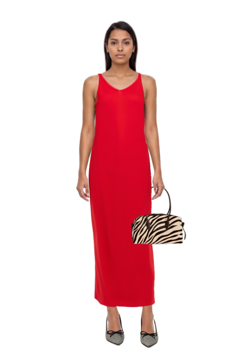 Outfit asymmetric sleeveless dress and brioche duffle zebra-print shoulder bag