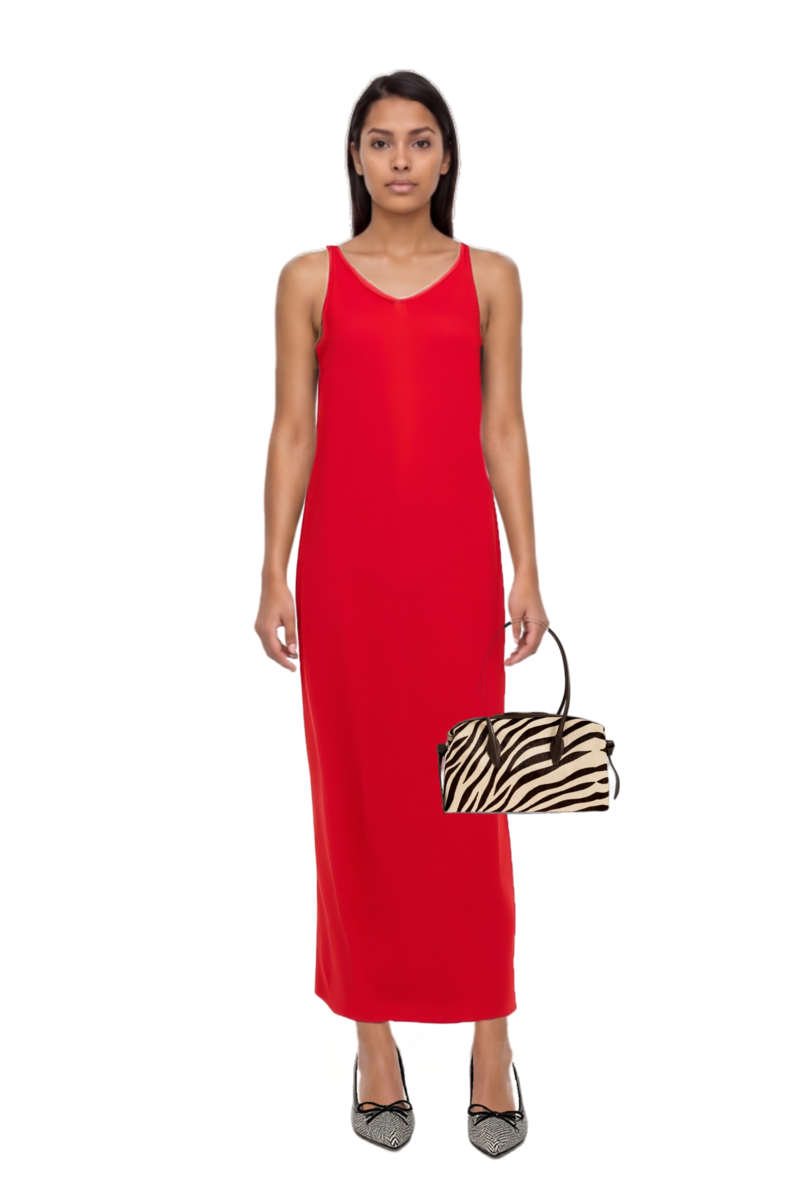 Outfit asymmetric sleeveless dress and brioche duffle zebra-print shoulder bag