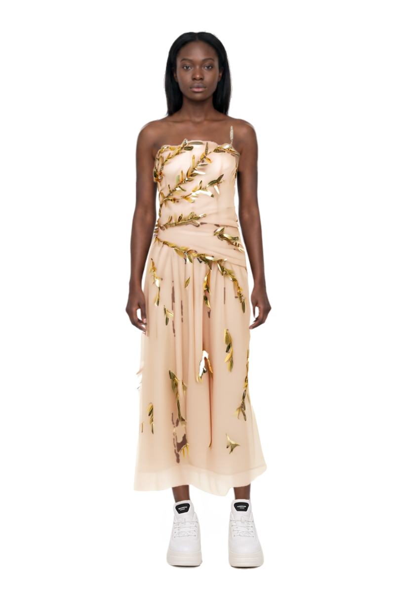 Outfit embroidered tulle strapless midi dress and 23 sneakers