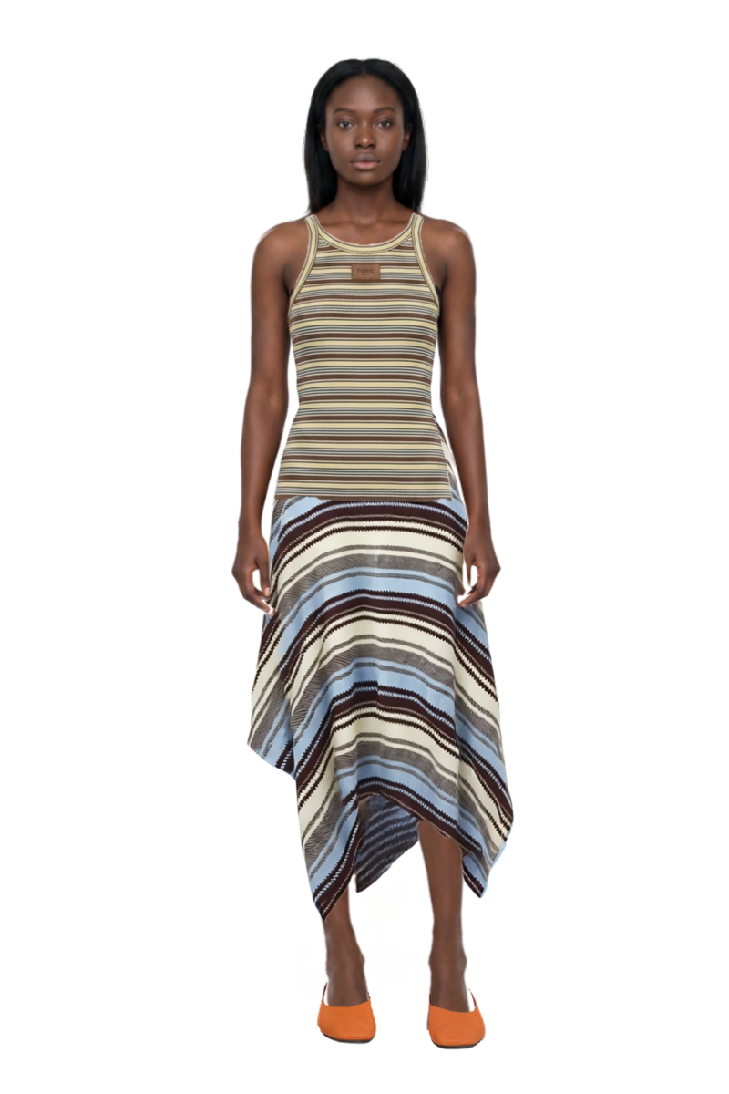 Outfit striped handkerchief-hem midi skirt and striped logo-patch tank top