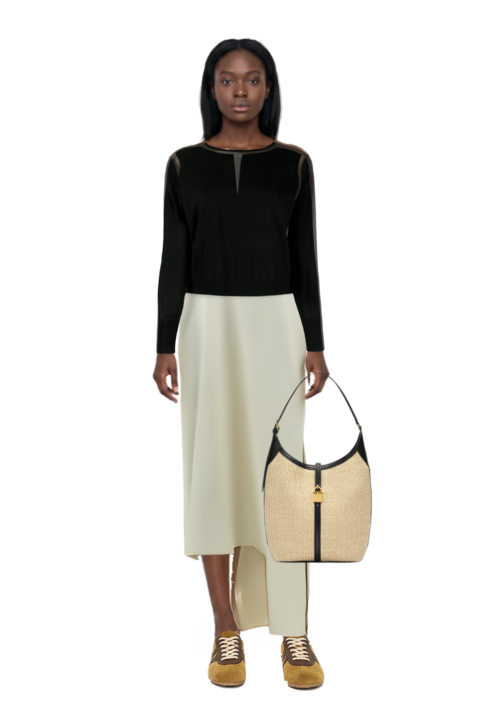 Outfit florinda one-shoulder slit dress and siena raffia tote bag