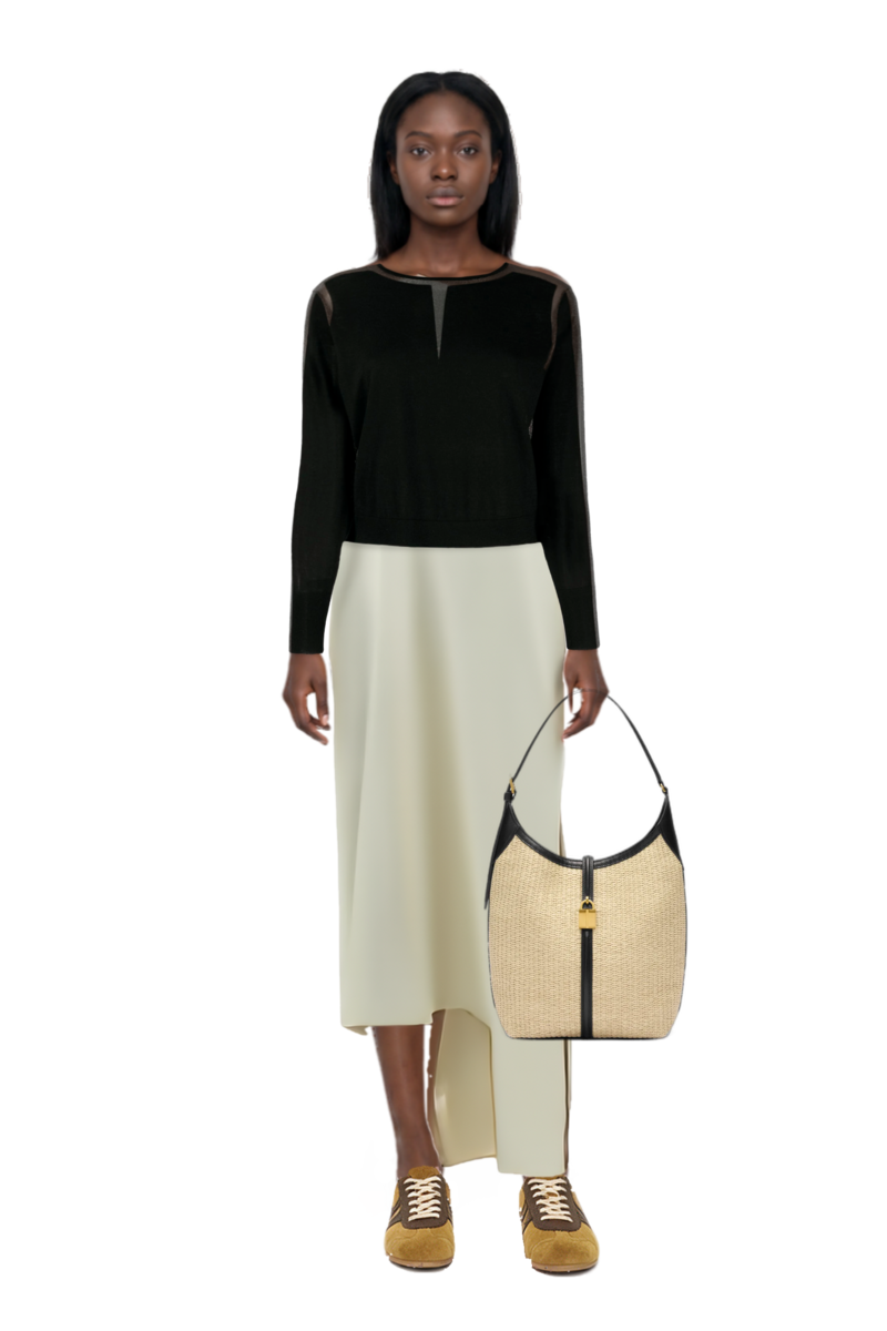 Outfit florinda one-shoulder slit dress and siena raffia tote bag